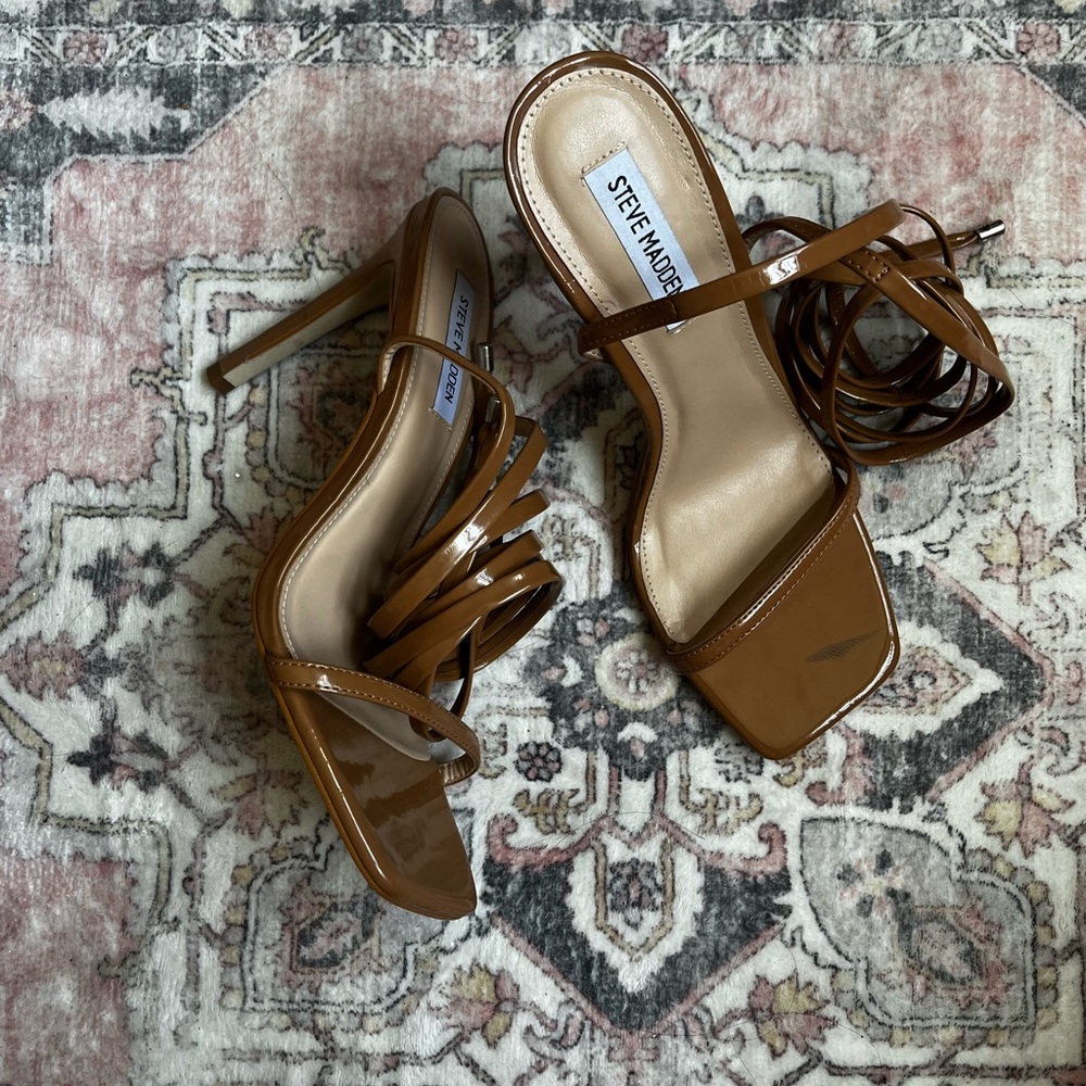 Steve Madden Tan Patent Multi-Strap High Heel Sandals